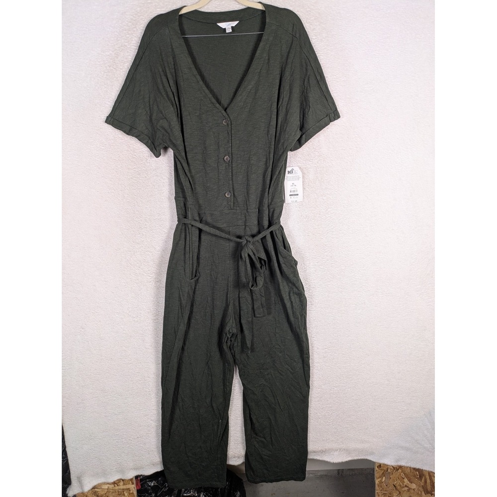 NEW Time and Tru Jumpsuit Women's XL Green Short Sleeve Button Front Tie Waist
